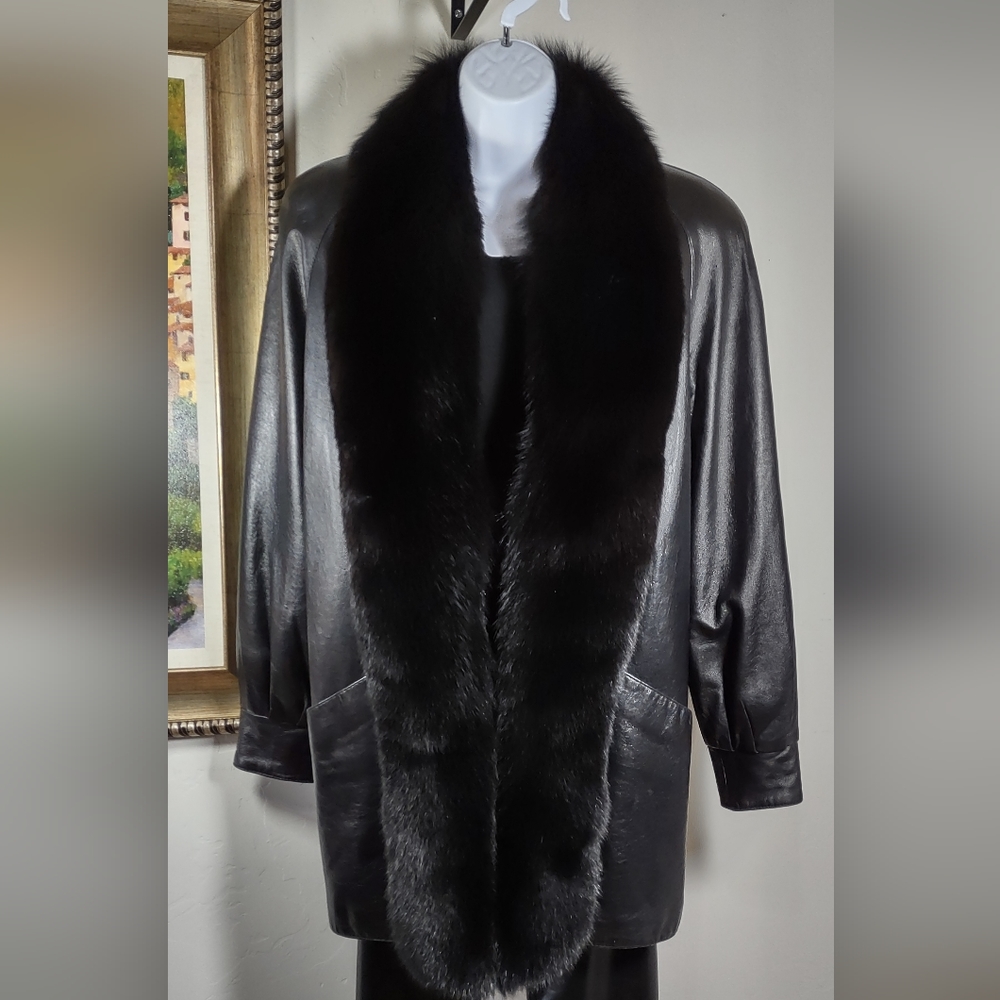 Black Leather Stroller Jacket with Black Fox Trim